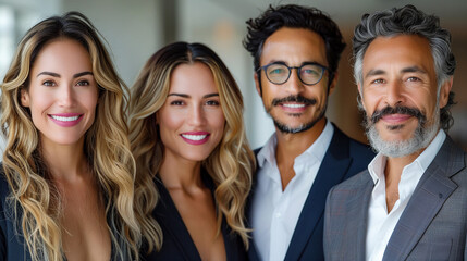 Approachable business professionals captured in a studio, vibrant smiles, white modern office background.