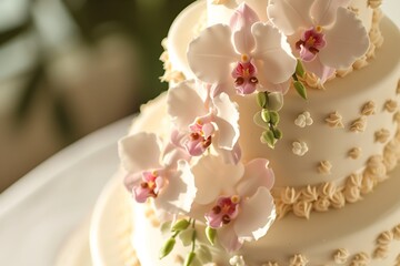 Naklejka na ściany i meble fondant orchids adorning a wedding cake