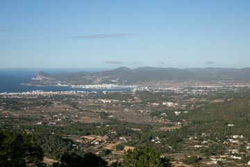 Views of the bay of the city of San Antonio on the west coast of Ibiza from the Sa Talaya mountain in Sant Jose.