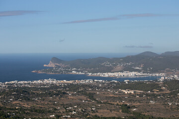 Views of the bay of the city of San Antonio on the west coast of Ibiza from the Sa Talaya mountain in Sant Jose.