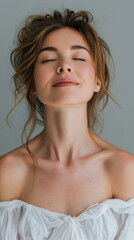 Happy attractive confident young adult or mid aged European woman posing for beauty aesthetic portrait. Beautiful lady smiling on background, attractive female model looking at camera. Close up face .