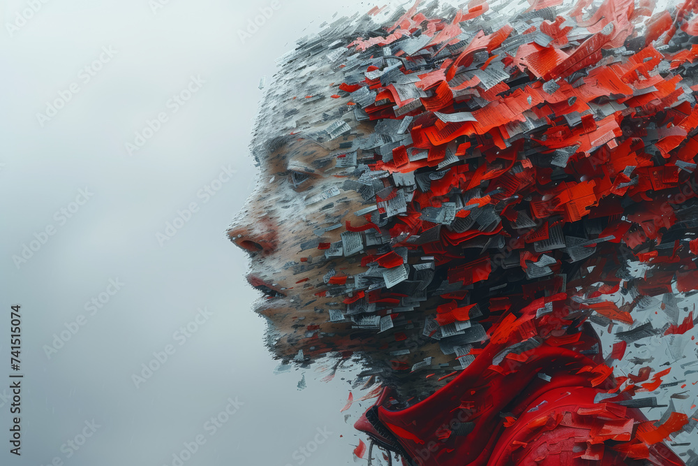 Poster a figure with melting words escaping from their mouth, visualizing the fluidity and abstraction of s