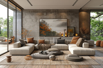 A living room with large windows, a wooden floor, a sofa, and a mock-up interior that gives you a sense of relaxation and healing.