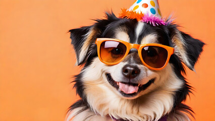 cute dog in party hat and sunglasses over orange color background Generative AI