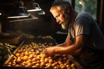 Working diligently, a man worker meticulously organizes apples into crates, demonstrating dedication to maintaining product integrity in the agricultural sector