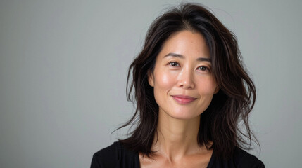 Beautiful confident Asian woman of middle age posing for portrait. Pretty mature adult lady model from Asia looking at camera smiling on background advertising products and services. Close up face .