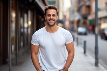 Portrait of a handsome young man smiling at the camera while standing in the street