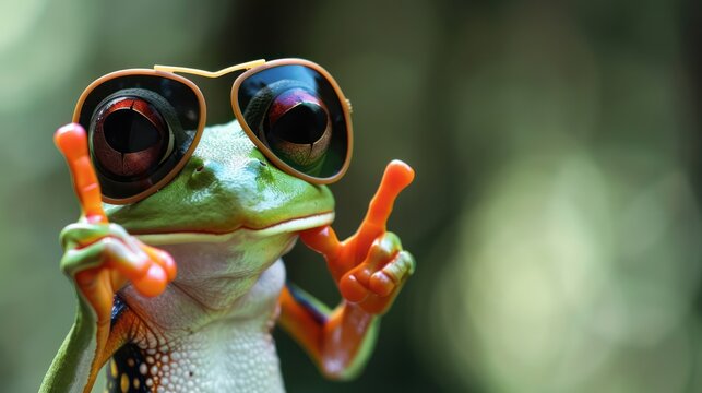 3D render of a cute green frog wearing sunglasses and pointing fingers, ideal for an animal-themed banner background for Leap Year or Leap Day celebration on February 29th