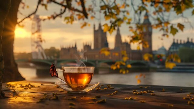 Warm cup of tea on the table at sunset withview of Big Ben during springtime. seamless 4K time-lapse animation background