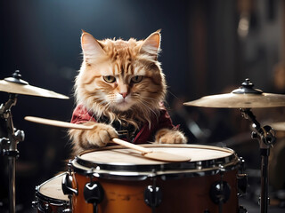 Fototapeta na wymiar Beautiful cat dressed like a person with drums