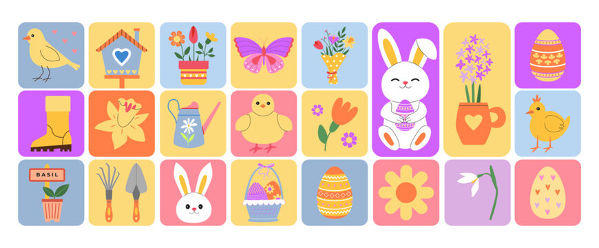 Abstract geometric spring, gardening, Easter. Colorful Easter bunny, chicks, eggs, flowers, garden tools. Eggs hunt. Playful stickers, tags, tiles, mosaic. Main spring symbols in colorful blocks.