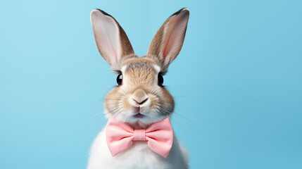 Fototapeta premium cute bunny with a pink bow on a blue background with space for text