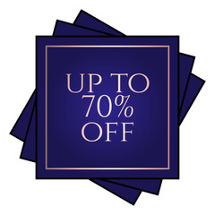 Up to 70% off written over an overlay of three blue squares at different angles.