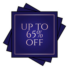 Up to 65% off written over an overlay of three blue squares at different angles.