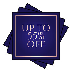 Up to 55% off written over an overlay of three blue squares at different angles.