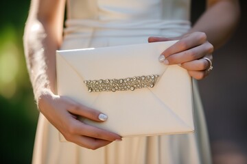 envelope clutch with rhinestones held by bride - obrazy, fototapety, plakaty
