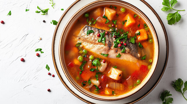 Fresh fish soup in bowl on white background, top view
