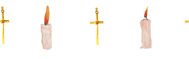 Watercolor candle and  cross border.Christian seamless border. Hand painted illustration on white backround.