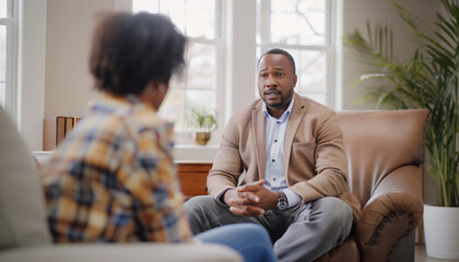 Handsome young african american psychologist man in comfortable armchair during psychological mental supporting patient session. Mental health, psychiatrist professional help and support concept image - obrazy, fototapety, plakaty