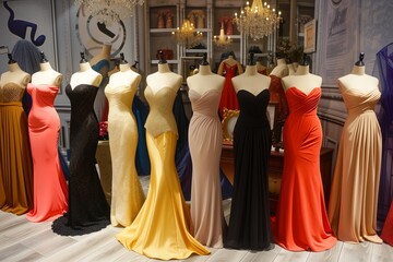 assorted strapless evening dresses on display with shops decor in background