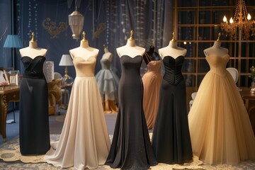 assorted strapless evening dresses on display with shops decor in background - obrazy, fototapety, plakaty
