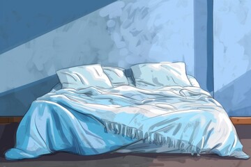 Painting of a Bed With Blue Wall