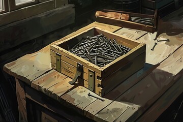 Fototapeta premium Box of Nails on Top of Wooden Table