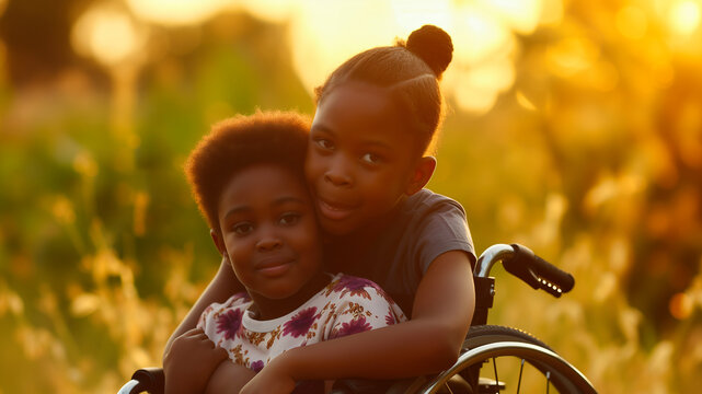 African american little boy in a wheelchair with her sister at sunset
