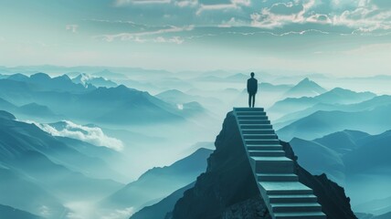 Visionary Leader on Mountain Peak - Lone man on top with expansive view under the clouds
