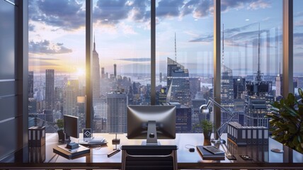 Fototapeta na wymiar Executive Office with City View - Modern office overlooking urban skyline