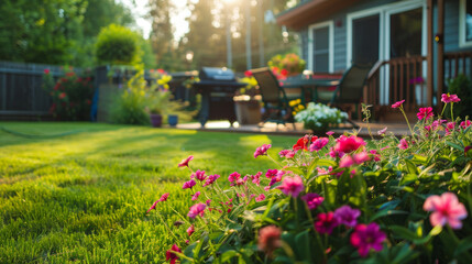 petit bosquet de fleurs dans un jardin d'une maison individuelle, en arrière plan pelouse, terrasse et barbecue