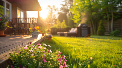 petit bosquet de fleurs dans un jardin d'une maison individuelle, en arrière plan pelouse, terrasse et barbecue