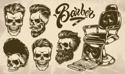 Barber shop set stickers monochrome