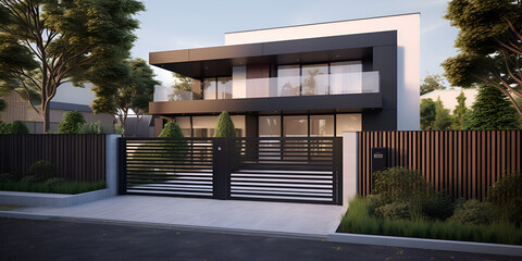 A rendering of a modern house with a garden and steps leading to it
