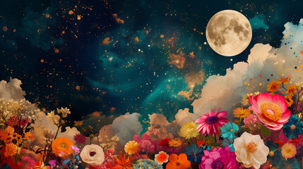 Abstract collage of a big explosion of colorful flowers over the night sky covered with stars, moon, and clouds. Creative retro but contemporary pop art collage. Vivid colors. Vintage background. - obrazy, fototapety, plakaty