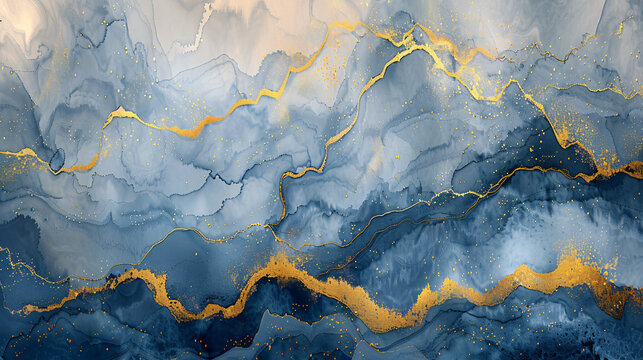 abstract watercolor painting with gold, orange and blue, in the style of ethereal cloudscapes, marble, dark white and light azure, fluid and loose, minimalist backgrounds, light sky-blue and dark beig