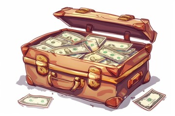 A Suitcase Filled With Money on Top of a Pile of Cash - obrazy, fototapety, plakaty