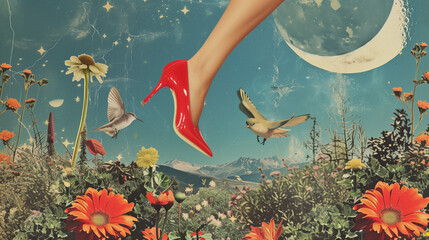 Abstract collage of a woman's leg with red shoes on heels. Creative retro but contemporary pop art collage in vivid colors. Vintage night sky in the background with fashionable flowers. - obrazy, fototapety, plakaty
