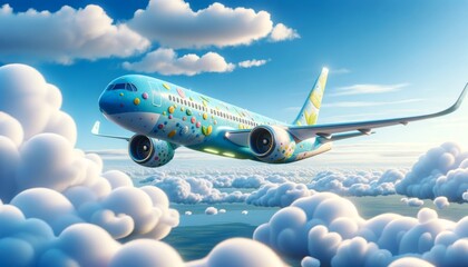Airplane with cute design and green leaves flies in clear sky. Bright airplane with soft edges glides above, powered by nature.
