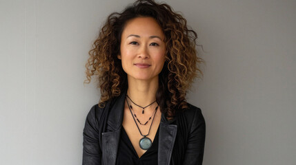 Beautiful confident Asian woman of middle age posing for portrait. Pretty mature adult lady model from Asia looking at camera smiling on background advertising products and services. Close up face .