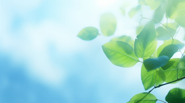 Ambiance printani&egrave;re, feuilles vertes sur les branches d'un arbre. Arri&egrave;re-plan de flou et lumi&egrave;re claire, bleu. Printemps, &eacute;t&eacute;, nature. Pour conception et cr&eacute;ation graphique