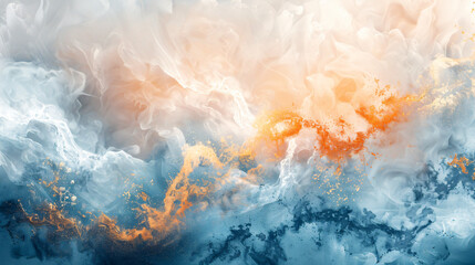 abstract watercolor painting with gold, orange and blue, in the style of ethereal cloudscapes,...