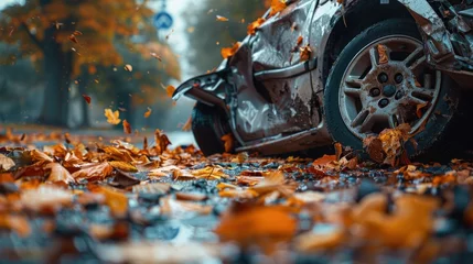 Fotobehang Aftermath of a roadway mishap under autumn leaves © afzar
