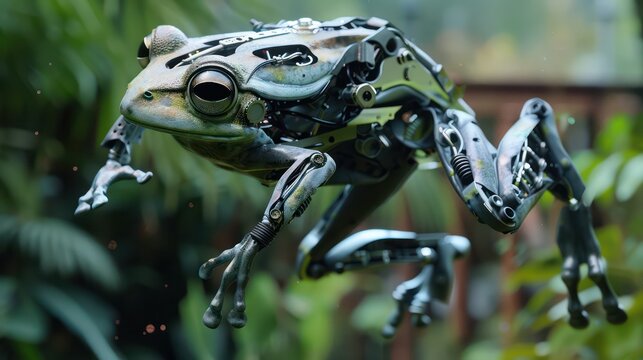 Jumping frog robot, perfect for an animal-themed banner background or Leap Year or Leap Day celebration on February 29th
