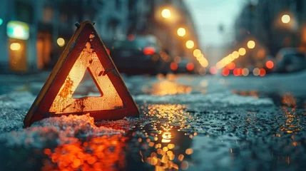 Fotobehang Emergency triangle warns of a car breakdown ahead © afzar