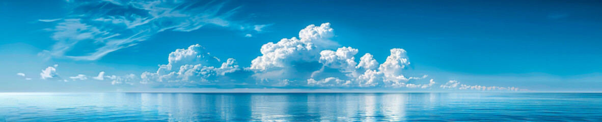 Serene Seascape: A tranquil and mesmerizing vista of a vast, azure ocean meeting a sky adorned with fluffy, white clouds. The image evokes a sense of peace, serenity, and boundless possibilities. 