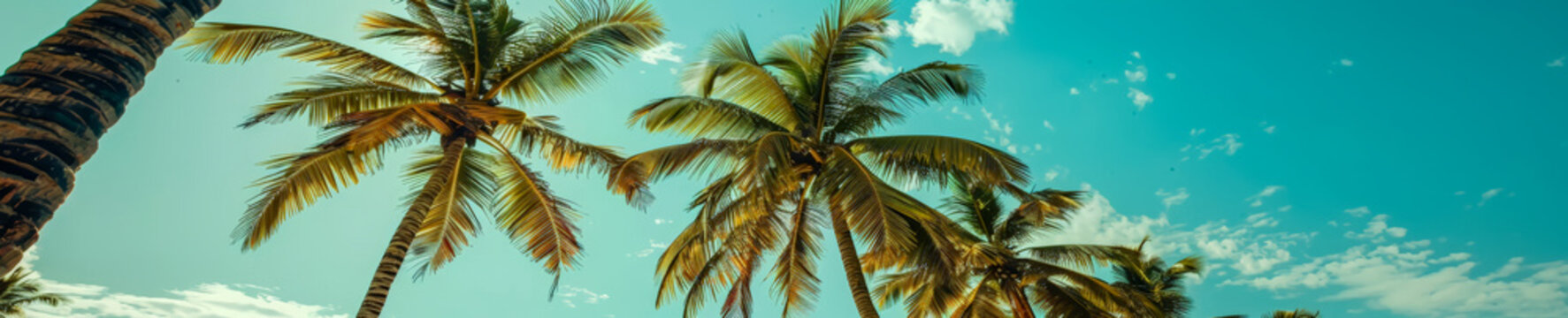 Panorama tropical beach with coconut palm trees, panoramic palm tree with sky background, copy space