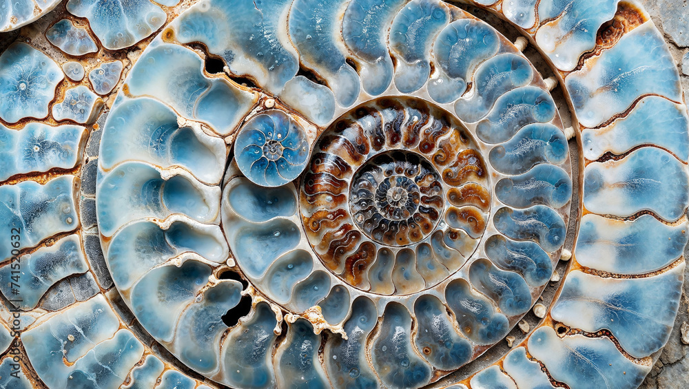 Wall mural abstract unreal fossilized light blue ammonite spiral pattern shell embedded into rock with intricat