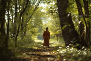 monk in a forest clearing, back to the camera, surrounded by trees