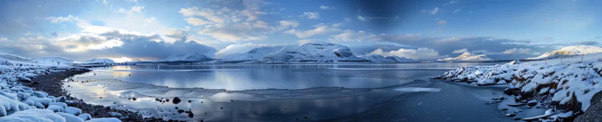 Fotobehang Panorama majestic icy lagoon near the south pole, panoramic lake with snow landscape, background, copy space © Jira